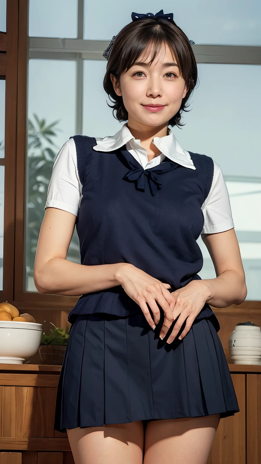 (masterpiece:1.2, Highest quality), (Realistic, photoRealistic:1.4), Beautiful illustrations, (Natural Side Lighting, Cinema Lighting), Written boundary depth,
Looking at the audience, Front view, 1 girl, Japanese, 43 years old, Perfect Face, Symmetrical cute face, Glowing Skin, Leg spread,
(Bob Hair:1.7,blonde), Asymmetrical bangs, Big eyes, Droopy eyes, long eyelashes chest), thin,
Beautiful Hair, Beautiful Face, Beautiful and beautiful eyes, Beautiful clavicle, Beautiful body, Beautiful breasts, Beautiful thighs, Beautiful legs, Beautiful fingers,
((Quality fabric texture, Brown knitted vest, Short sleeve white collar shirt, Navy Pleated Skirt, Navy bow tie)),
(Beautiful views), evening, (Inside the flower shop), Are standing, (smile, Superior, Open your mouth), ((Skirt Lift)), ((Micro Panties, ???????? are visible)), Full Body Shot, Dark blue socks, Sexy Face, Inverted nipples,