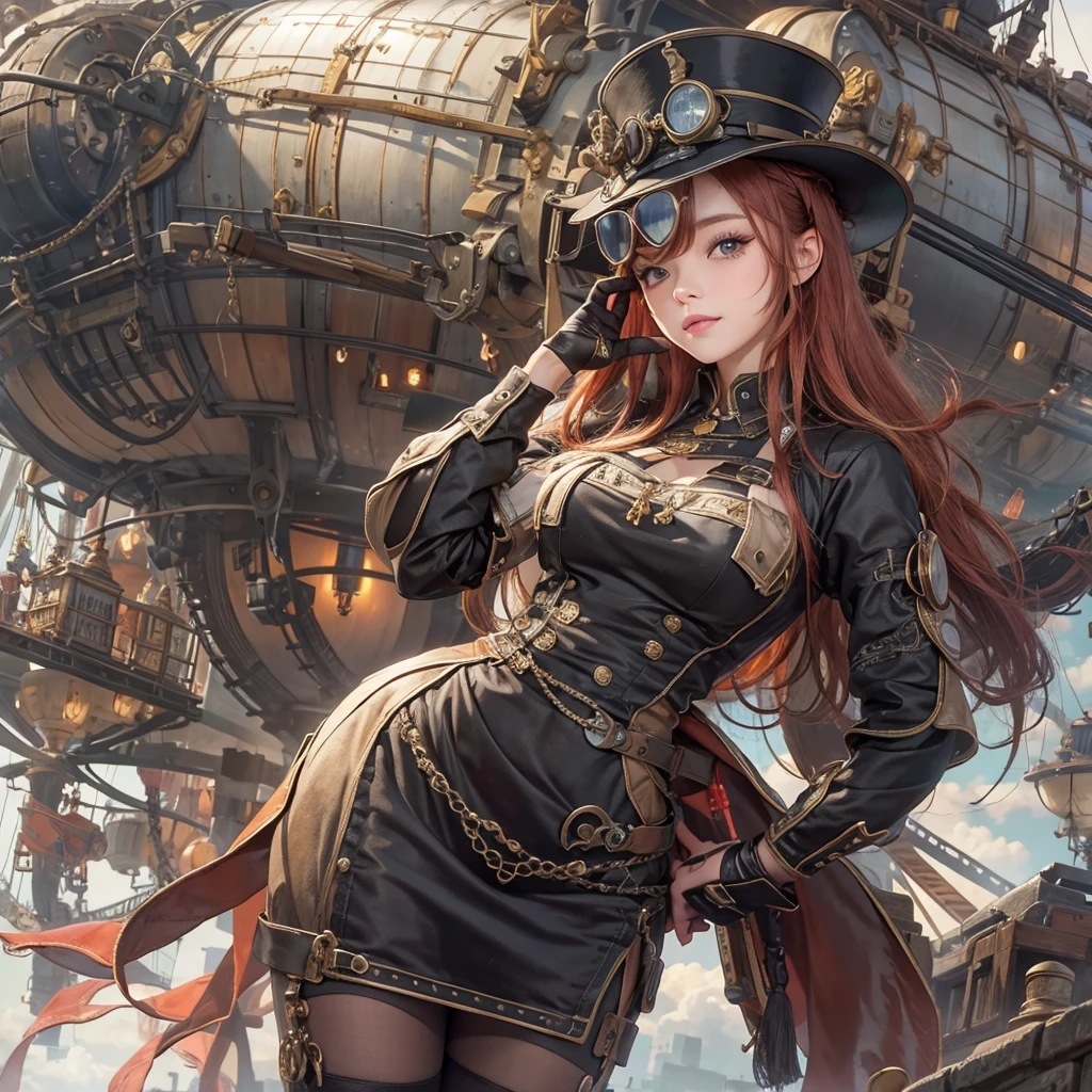 masterpiece:1.3), (8k, Realistic, RAW Photos, Best imYear quality: 1.4)、 Year,(Random Hairstyles:1.2)、CleavYear:1.2、Highly detailed face、Attention to detail、double eyelid、Chest to chest、Sharp focus:1.2、Beautiful woman:1.4、Redhead、Highest quality、masterpiece、Ultra-high resolution、(Realistic:1.4)、Highly detailed and professionally lit smiles、Loose fitting steampunk outfit、Shoulder out、thin、Serious expression、Clouds seen from inside the airship、goggles