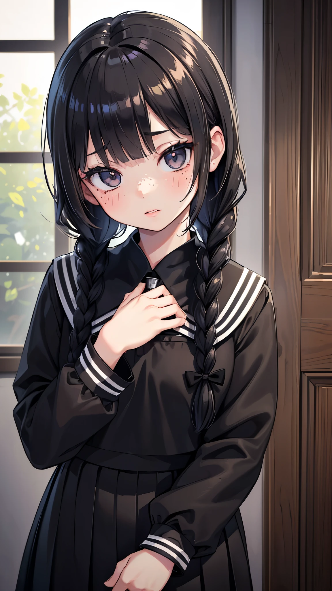 (Highest quality, Ultra-high resolution, Very detailed), (Realistic,超Realistic), Perfect lighting、Medium chest、Perfect Woman,Perfect Face, (Perfect Anatomy, Anatomically correct), Symmetrical face、Baby Face、((Shiny Hair)),(masterpiece),8k,Very clear,(Ultra-realistic), One Girl,Wide Shot,((Medium chest))、(Medium bust)、(Highest quality), Realistic, (Live Action, Intricate details),(On campus), blush,(Inside the school),16-year-old high school girl、((Introvert girl))、(Black school uniform),(The bangs slightly cover the eyes), ((Shiny black short braids)), (Big black eyes), (Long eyelashes), Beautiful Face,(((Black Sailor Suit))), ((Juicy lips))、(((freckle)))、(((Insidious girl)))、((Gloomy Girl))