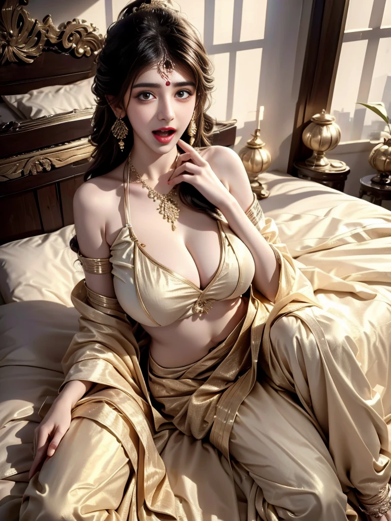 A beautiful and cute 16-year-old Pakistani girl , Wearing traditional Indian lahenga choli , Full body cover , Her white skin and slim figure are out of place with her large breasts. , Very large breasts , Slim Belly , Beautiful Eyes , big , 8k quality photos,Lying on a bed in a luxurious interior bedroom,Girl opening her mouth wide and showing her tongue