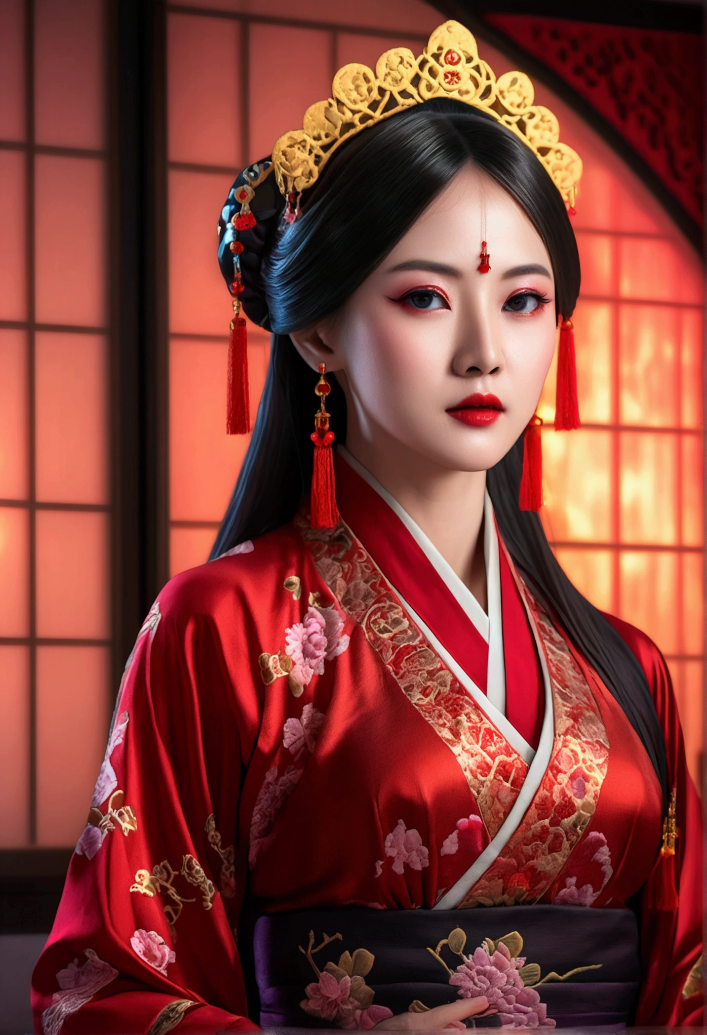 1 very beautiful queen medusha in hanfu dress, thin red silk shirt with many yellow motifs, black lace top, crown on her head, long hair dyed black, beautiful hair jewelry, pretty face pretty and cute, perfect face, earring jewelry, light purple rabbit ears, antique jewelry, big red eyes, sharp eye makeup, meticulous makeup eyelashes, thin eyebrows, nose tall, pretty red lips, no smile, pursed lips, rosy cheeks, wide breasts, big breasts, well-proportioned breasts, slim waist, red mesh stockings with black lace, Chinese hanfu style, fictional art patterns, colors vivid and realistic, RAW photos, realistic photos, ultra-high quality 8k surreal photos, cool photos, (virtual lighting effects: 1.8), 10x pixels, magic effects (background): 1.8), super detailed eyes, beautiful girl body portrait, girl alone, ancient hanfu background, looking directly at the audience, wide original photo, 8k quality, super sharp, detailed and clear picture best, detailed light background,