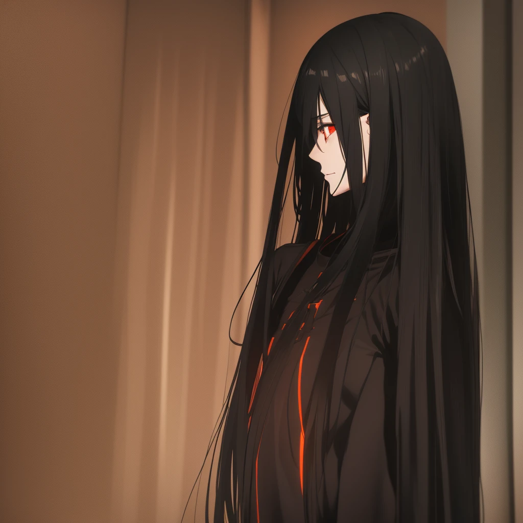 a man,black long straight hair,dark red eyes,Slender and tall,prisoner,Strong build,looking into camera,(Orange prison uniform,Cross your arms,Smile,cell),portrait,dramatic shadows,prisoner,chained, cage