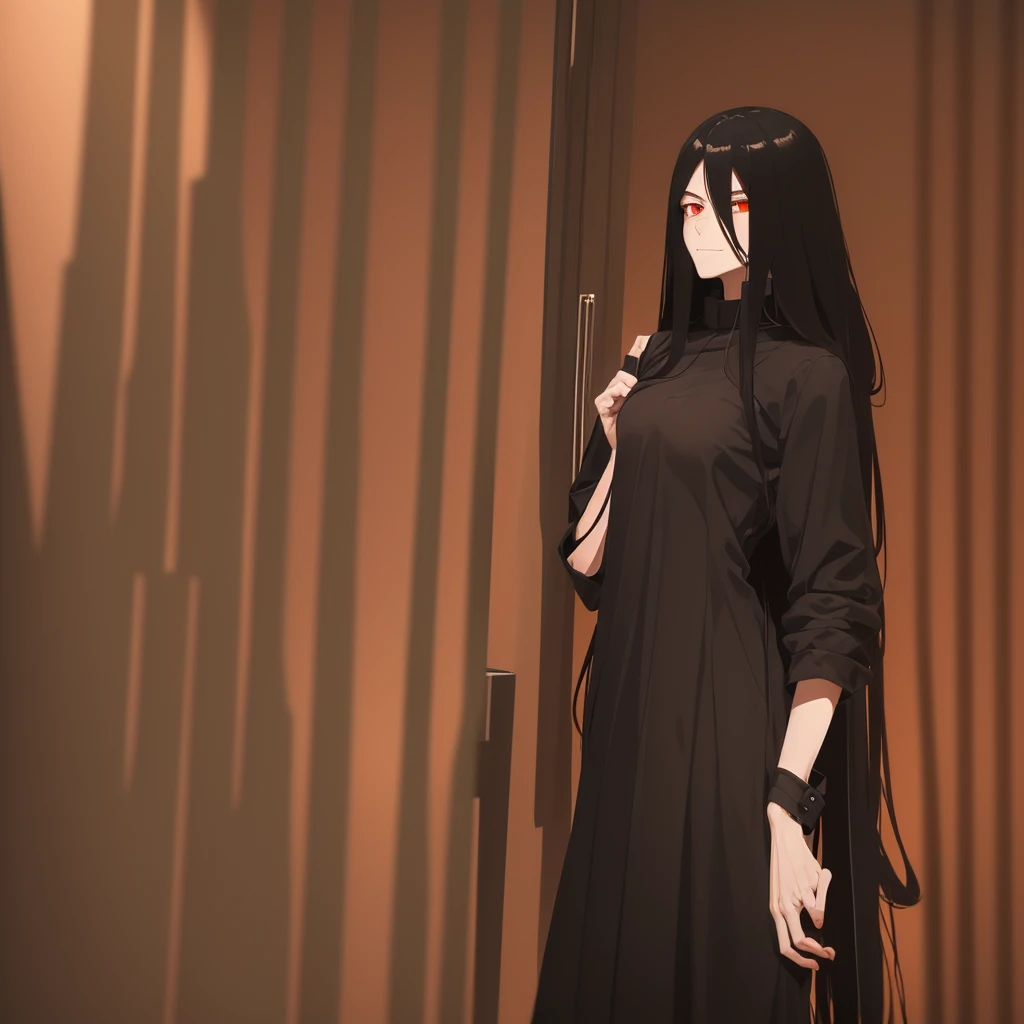 a man,black long straight hair,dark red eyes,Slender and tall,prisoner,Strong build,looking into camera,(Orange prison uniform,Cross your arms,Smile,cell),portrait,dramatic shadows,prisoner,chained, cage
