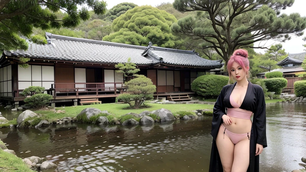 21 year old girl, pink hair, (updo hair). Wearing a black kimono, show it
shoulders, showing big thighs, standing pose with a Japanese house in the background.