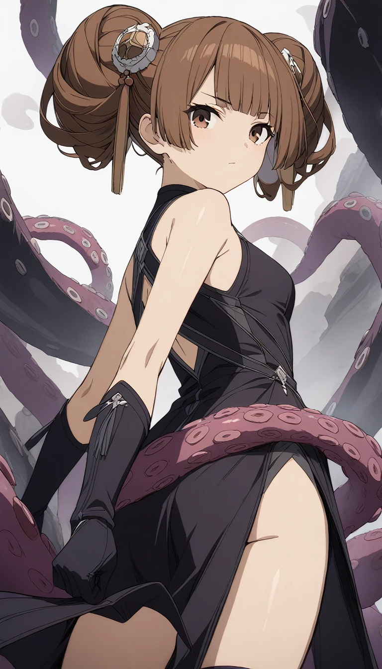 (masterpiece:1.2), Hyper Detail, Highest quality, (Complex_detailed:1.1), Beautiful details, 美しいhair, alone, One Girl,Run,One Girl,BROWN hair,Double Bang,Brown eyes,hair_ornament,Black Dress,Bare shoulders, gloves, Pelvic Curtain, boots,Back to viewers,Tentaclesペニス,Tentacles,((from the front)),((From below)),No pants,(Cum in pussy,Love juice),sweating,vapor,((Spread your legs)),Focus on the legs,Pussy in full view,(detailedなマンコ,Open up)