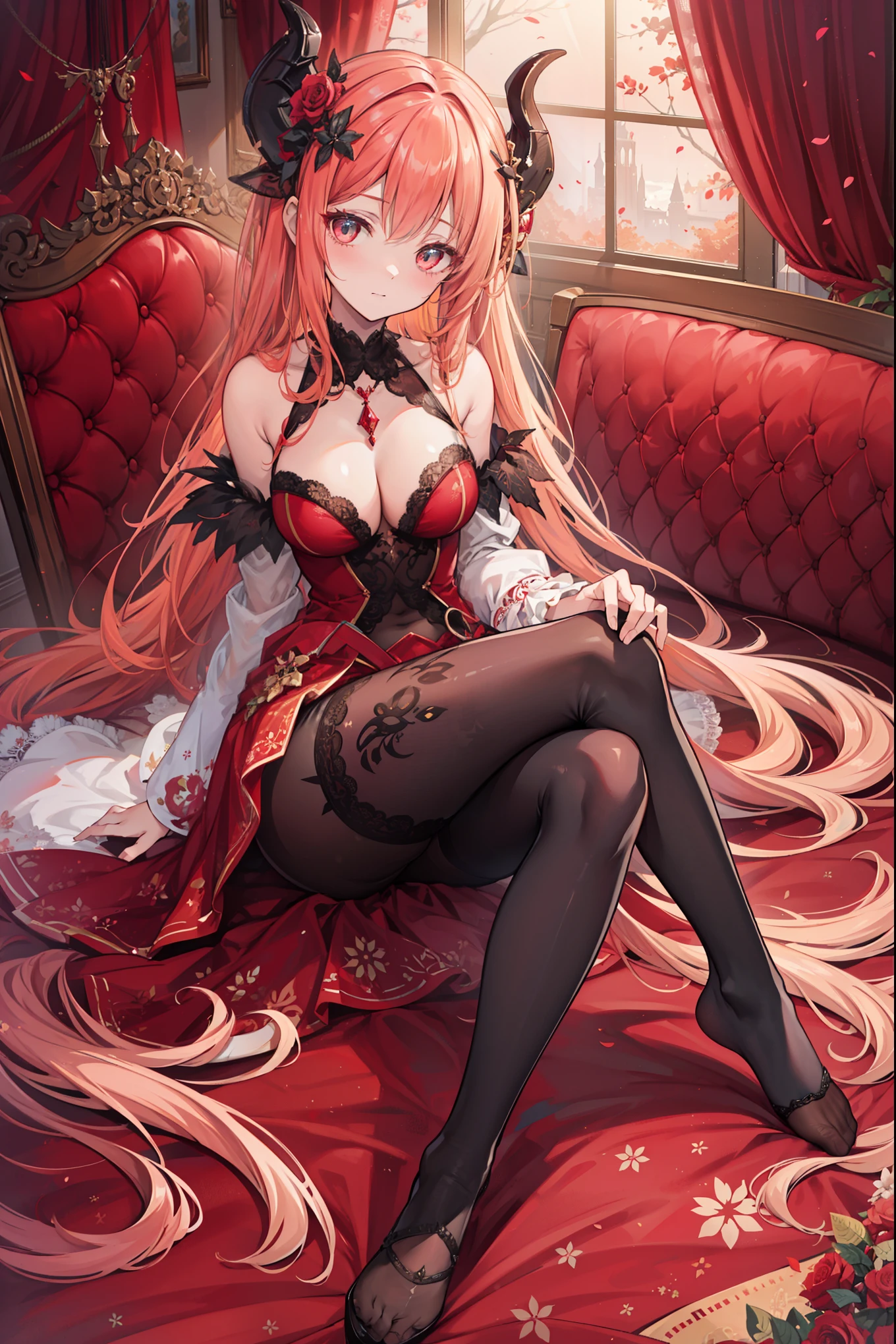 (Extremely detailed CG unity),Detailed clothes, Masterpiece, An extremely delicate and beautiful, full body shot of, 1girll, Sitting position, messy hair, Beautiful detailed eyes,red color eyes, lacepantyhose,florals,The horns of the succubus,Flats,Avoid extra legs