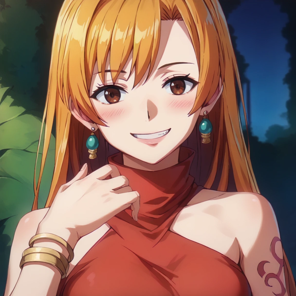 4K,High resolution,8k,CG,anime senri,we,alone, Orange Hair,Brown eyes,Long Hair, jewelry,tattoo,bracelet, Earrings, Red dress,Red sleeveless,Red turtleneck,Red sleeveless turtleneck dress,Red mini skirt, Exposing shoulders,Large Breasts,Cowboy Shot,Are standing,Lower Body,Outdoor,smile,Mouth closed,blush, 