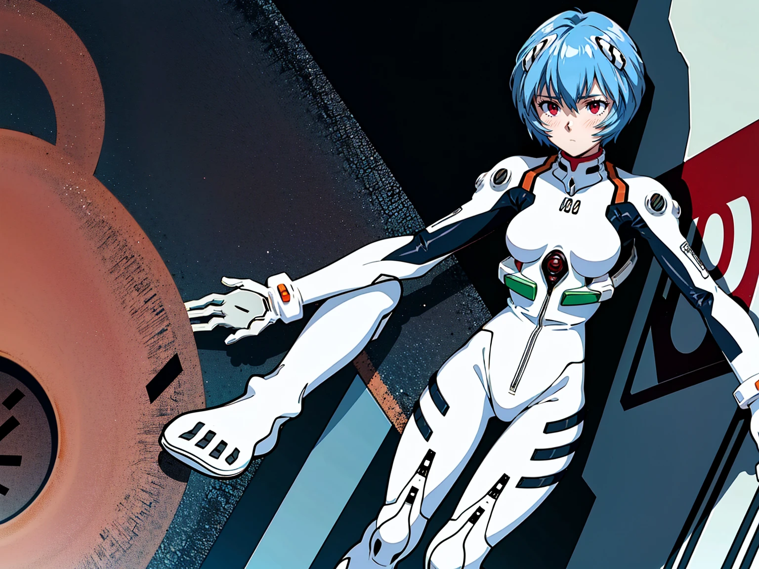 ((Highest quality, 8k wallpaper)),(masterpiece, Highest quality),Very detailed,High resolution,(Official Art:1.3),(((Anime screenshots,Black outline))),One girl,alone, Break mer1,(Rei Ayanami {Neon Genesis Evangelion,}1.2),masterpiece, best quality, outdoor, 1girl, Solo,red eyes,short hair,blue hair, (White plug suit:1.4), Covered in sweat, Mass sweat, Sweating profusely, (((knees together feet apart, holding own arms, bent legs:1.2)))