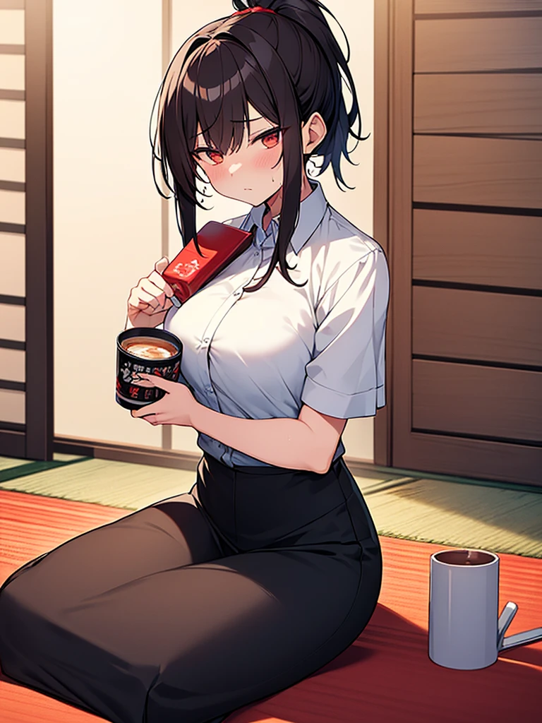 1. Tall woman, Izakaya, on tatami mat, on cushion, sitting upright, gloomy expression, shadow on forehead, drunk, very red face, sweat, rolling eyes, drinking beer from a large mug, white collared shirt, short sleeves, black skirt, short black hair, ponytail:1.9. Red hair tie, straight hair, swept bangs to the side:1.9. Slanted eyes, brown eyes, tall, strong-willed, beautiful