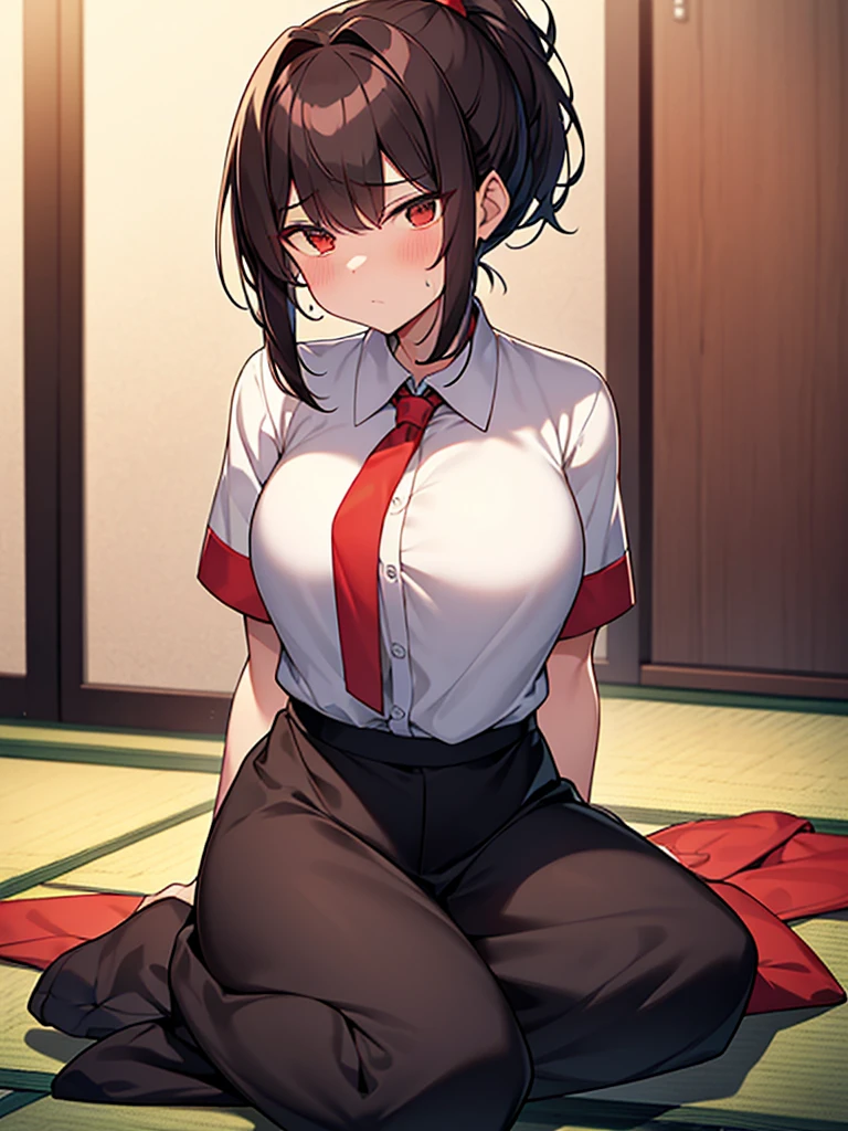 1. Tall woman, Izakaya, on tatami mat, on cushion, sitting upright, gloomy expression, shadow on forehead, drunk, very red face, sweat, rolling eyes, drinking beer from a large mug, white collared shirt, short sleeves, black skirt, short black hair, ponytail:1.9. Red hair tie, straight hair, swept bangs to the side:1.9. Slanted eyes, brown eyes, tall, strong-willed, beautiful