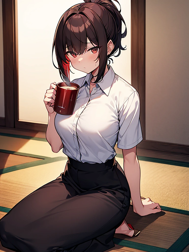 1. Tall woman, Izakaya, on tatami mat, on cushion, sitting upright, gloomy expression, shadow on forehead, drunk, very red face, sweat, rolling eyes, drinking beer from a large mug, white collared shirt, short sleeves, black skirt, short black hair, ponytail:1.9. Red hair tie, straight hair, swept bangs to the side:1.9. Slanted eyes, brown eyes, tall, strong-willed, beautiful