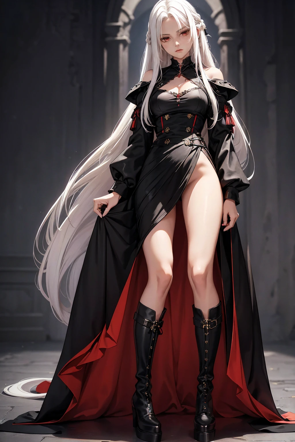 Girl, 20 years old, with long white hair down to below her waist, a serious yet tender expression, and red eyes. Her hair features black streaks. She wears antique-style clothing, a long black dress with a slit on the legs, and high black boots that almost reach her knees. Her power and background are related to shadows and darkness.