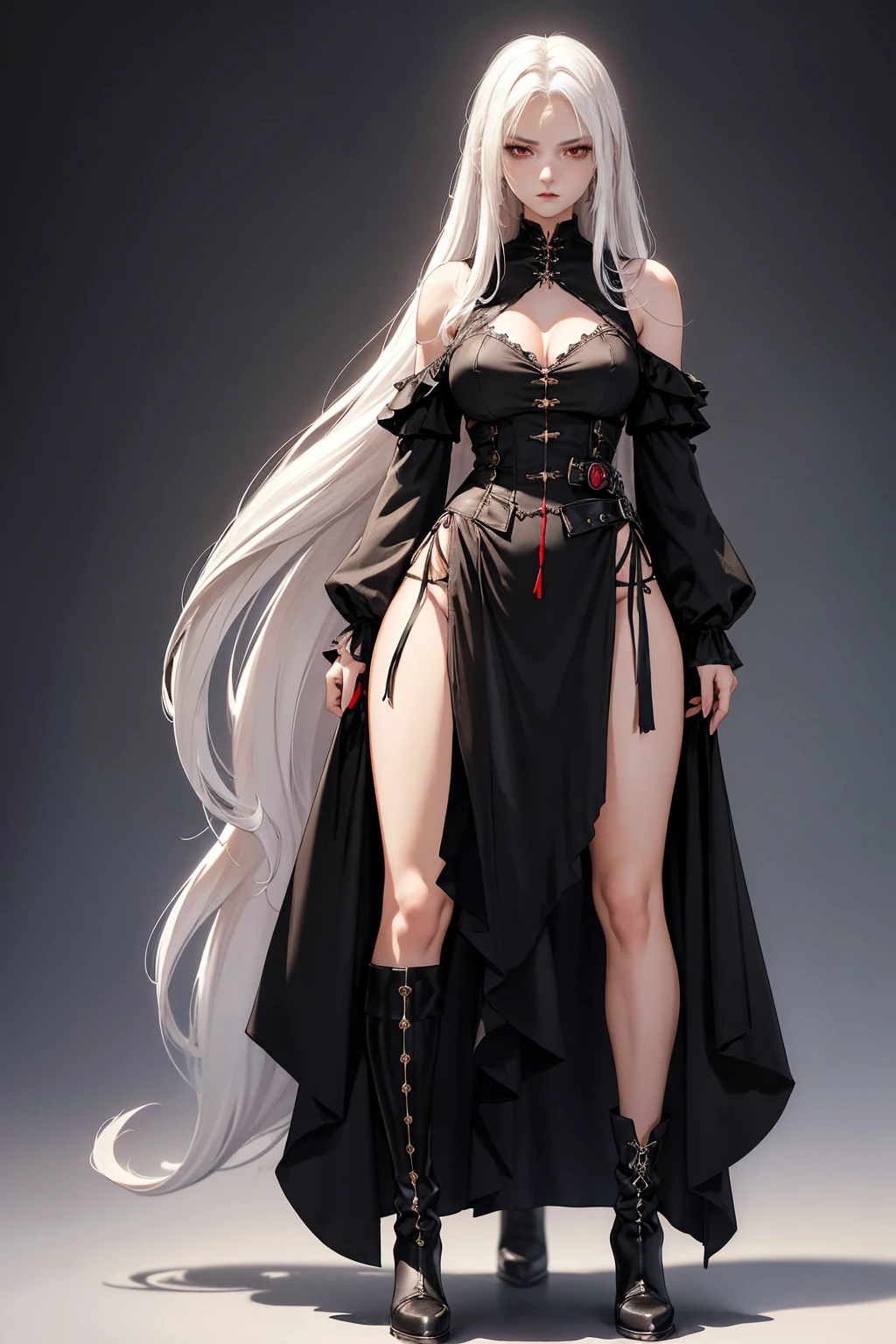 Girl, 20 years old, with long white hair down to below her waist, a serious yet tender expression, and red eyes. Her hair features black streaks. She wears antique-style clothing, a long black dress with a slit on the legs, and high black boots that almost reach her knees. Her power and background are related to shadows and darkness.