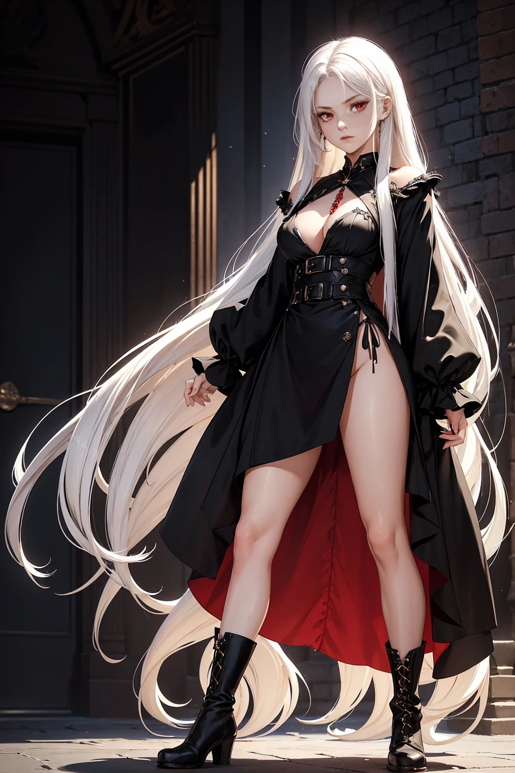 Girl, 20 years old, with long white hair down to below her waist, a serious yet tender expression, and red eyes. Her hair features black streaks. She wears antique-style clothing, a long black dress with a slit on the legs, and high black boots that almost reach her knees. Her power and background are related to shadows and darkness.