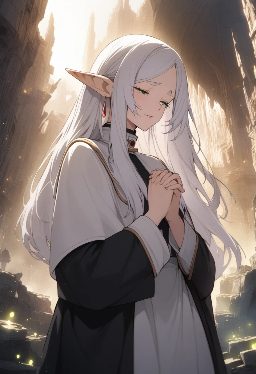 masterpiece, best quality, very aesthetic, absurdres, 1girl, mature_lady,nun_clothes,black_and_white_clothes, nun_headcovering crucifix, praying, interlocked fingers,closed_eyes,tears_in_eyes, head down,holy_light ,bathed in divine light,,frieren,sousou_no_frieren,elf, green_eyes, grey_hair, white_hair, long_hair, parted_bangs, pointy_ears, dangle_earrings, drop_earrings, earrings,,ruined city, broken sky,glowing stardust frontground,fantasy,sparkling,fireflies,