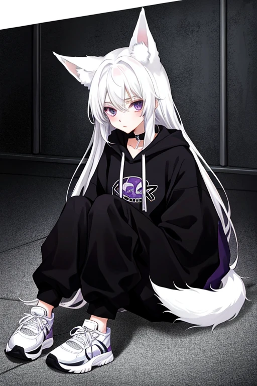 very thin, 1 girl 16 years old, with white hair not too long, white fox ears, purple eyes, black hoodie, black baggy pants, 1 white fox tail, black sneakers, lying on the floor, in the basement, battered and cut, blood is coming from the wounds