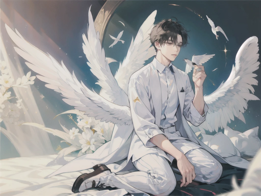 man, side face, wings white behind him, angel, full body