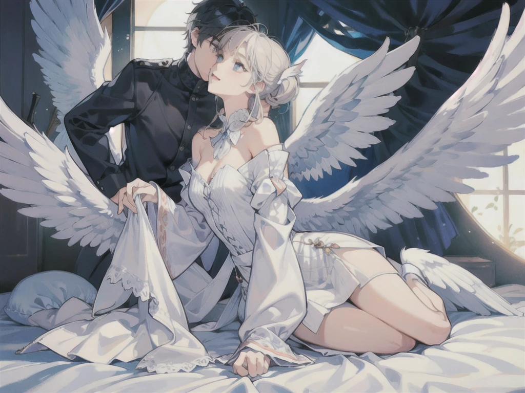 man, side face, wings white behind him, angel, full body