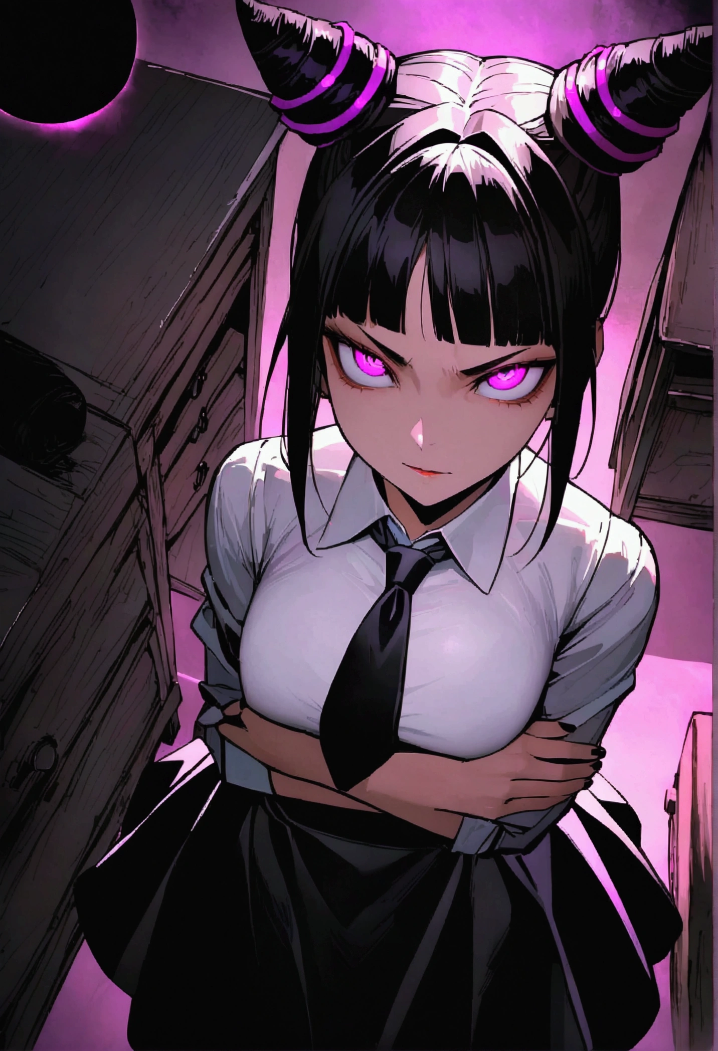 Juri Han, artwork, fitted white secretary shirt with black tie, black high-waist skirt, skirt short,long black stocking, Bblack hair, scary black sun,desk,bangs on the eyes,Lighting,hair horn,from above view,staring overhead,Evil smile,arms crossed,glowing purple eyes
