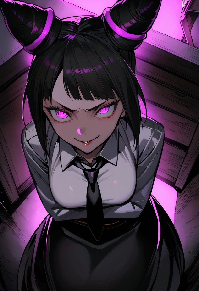 Juri Han, artwork, fitted white secretary shirt with black tie, black high-waist skirt, skirt short,long black stocking, Bblack hair, scary black sun,desk,bangs on the eyes,Lighting,hair horn,from above view,staring overhead,Evil smile,arms crossed,glowing purple eyes