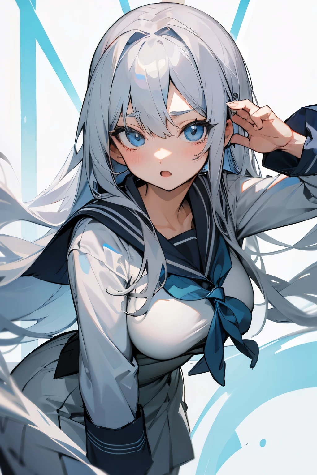 Light blue eyes、Long gray hair、Wearing a sailor uniform、Large breasts、Anime Girls