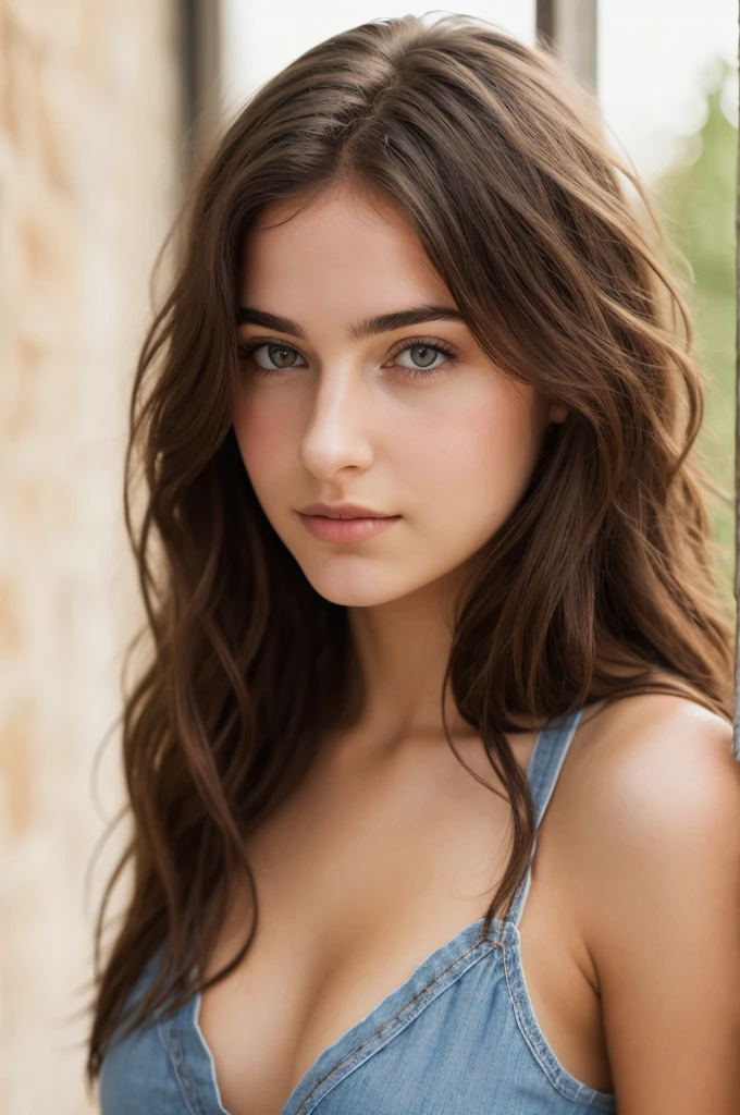 beautiful French girl 20 years old, full body, slim, brown hair, brown eyes, high resolution, high quality, looks at the camera, in an open place,