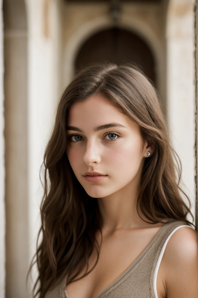 beautiful French girl 20 years old, full body, slim, brown hair, brown eyes, high resolution, high quality, looks at the camera, in an open place,