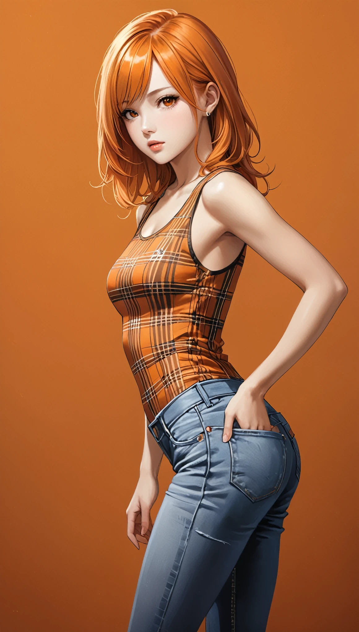 in style of Aleksi Briclot,,1girl,独奏,Orange background,Plaid sleeveless bodysuit T-shirt,jeans,(((Lean forward))),Standing,1 hand supports the leg,The other hand is behind his back,looking at viewer,Long orange hair,Simple style,,lifelike,Realism,Rendering style,C4D,Detail eyes,Detailed Skin,reality,photo_(medium),realistic,