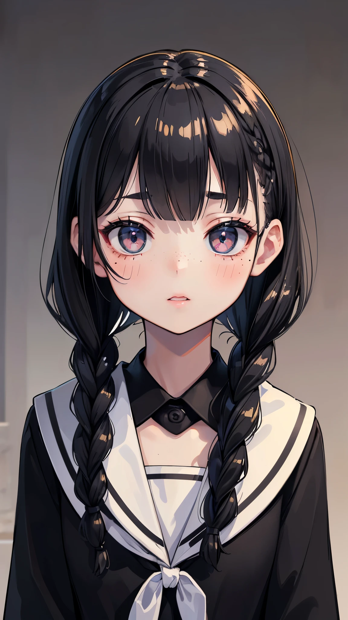 (Highest quality, Ultra-high resolution, Very detailed), (Realistic,超Realistic), Perfect lighting、Medium chest、Perfect Woman,Perfect Face, (Perfect Anatomy, Anatomically correct), Symmetrical face、Baby Face、((Shiny Hair)),(masterpiece),8k,Very clear,(Ultra-realistic), One Girl,Wide Shot,((Medium chest))、(Medium bust)、(Highest quality), Realistic, (Live Action, Intricate details),(On campus), blush,(Inside the school),16-year-old high school girl、((Introvert girl))、(Black school uniform),(The bangs slightly cover the eyes), ((Shiny black short braids)), (Big black eyes), (Long eyelashes), Beautiful Face,(((Black Sailor Suit))), ((Juicy lips))、(((freckle)))、(((Insidious girl)))、((Gloomy Girl))