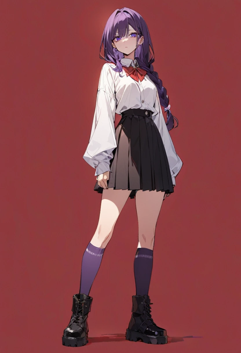 ((detailed eyes)), (((very long single braid))), (dark purple high socks)