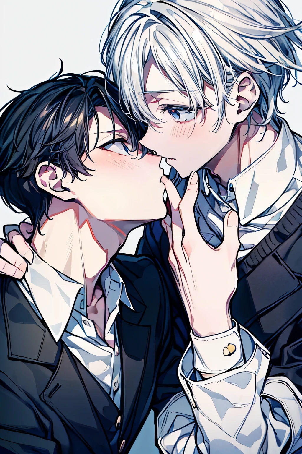 (Mastepiece), (Best Quality), Very detailed, ((Two men kissing on the cheek)), Perfect Face, Beautiful Face, Very detailed顔，(One black-haired man:1.3)，(One white-haired man:1.3)，shirt、smile