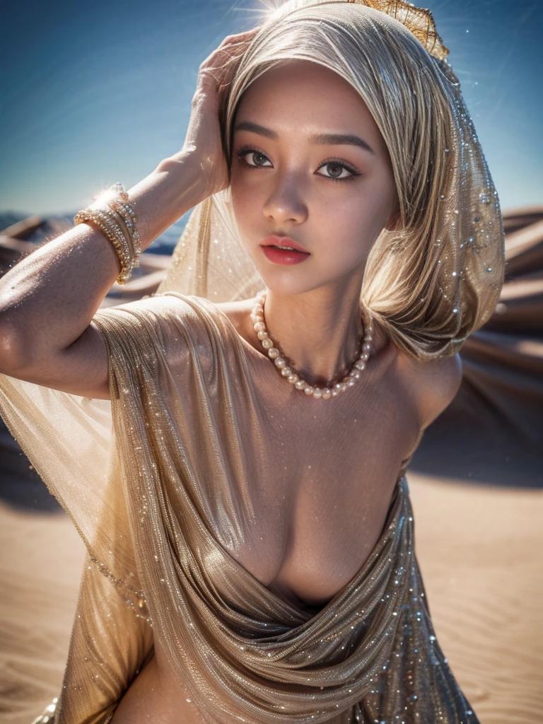 nsfw, (((topless))),,Dilraba Dilmurat, hijab, jilbab, muslim face mask, mouth veil, freckles, eyes mascara, masterpiece, best quality, photorealistic, glowing sparkly skin, soft lighting, voluptuous, windy desert, blowing swirling sand grains, sunny backlighting, bloom, light sparkles, sharp focus, colorful liquid gel rain, close up, fashion designer, resplendent tiny pearls necklace, baroque