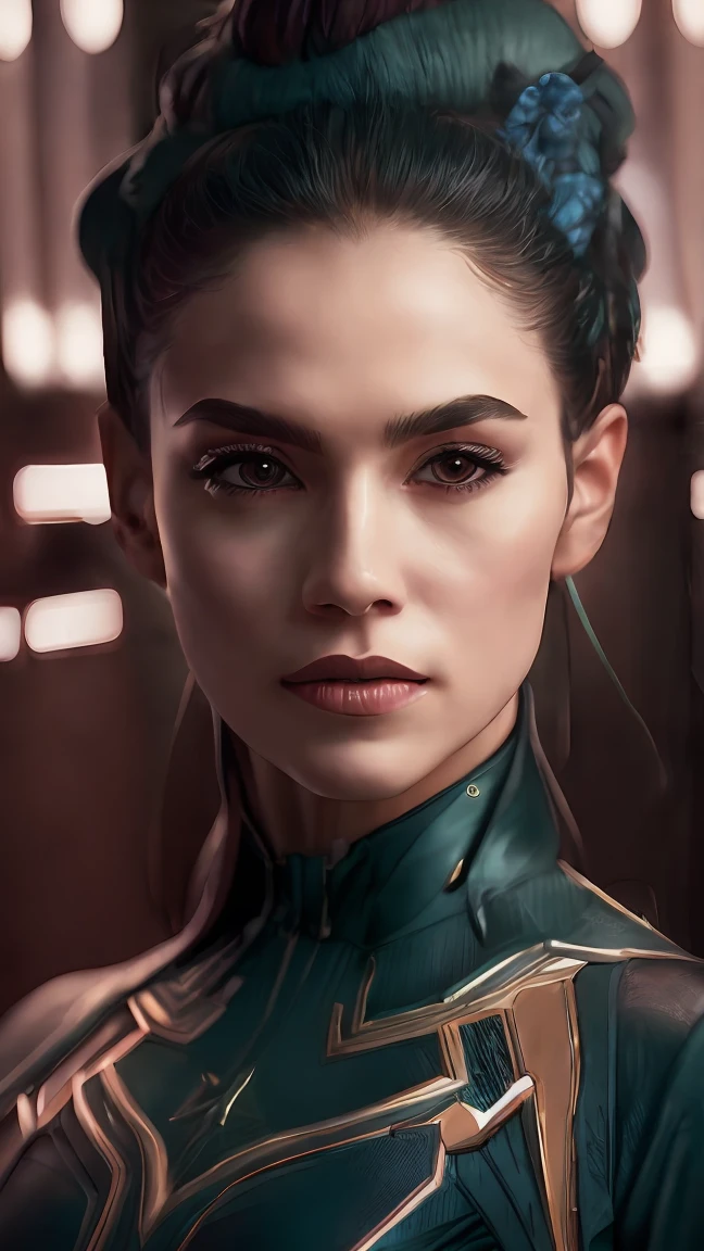 a highly detailed portrait of a woman with striking features, wearing a detailed costume in a Marvel and DC-inspired style, posing in a dynamic cinematic composition with moody and unpredictable lighting, rendered in 8K resolution with superb realism, photorealism, and award-winning artistry