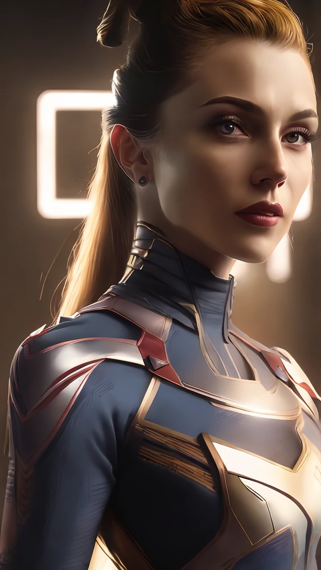 a highly detailed portrait of a woman with striking features, wearing a detailed costume in a Marvel and DC-inspired style, posing in a dynamic cinematic composition with moody and unpredictable lighting, rendered in 8K resolution with superb realism, photorealism, and award-winning artistry