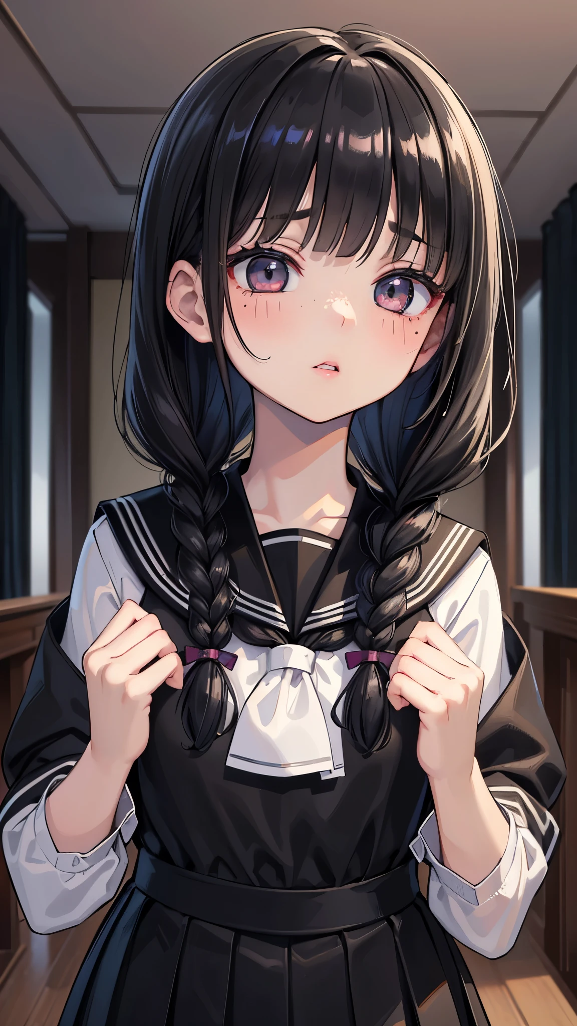 (Highest quality, Ultra-high resolution, Very detailed), (Realistic,超Realistic), Perfect lighting、Medium chest、Perfect Woman,Perfect Face, (Perfect Anatomy, Anatomically correct), Symmetrical face、Baby Face、((Shiny Hair)),(masterpiece),8k,Very clear,(Ultra-realistic), One Girl,Wide Shot,((Medium chest))、(Medium bust)、(Highest quality), Realistic, (Live Action, Intricate details),(On campus), blush,(Inside the school),16-year-old high school girl、((Introvert girl))、(Black school uniform),(The bangs slightly cover the eyes), ((Shiny black short braids)), (Big black eyes), (Long eyelashes), Beautiful Face,(((Black Sailor Suit))), ((Juicy lips))、(((freckle)))、(((Insidious girl)))、((Gloomy Girl))