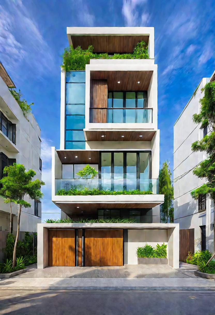 modern villa on street, (daylight), tropical tree, green shrub and plants, vivid color, streetcapes, minimalist design, brigth grey tone, (large glass door:1.2), warm interior lighting, modern material, best quality, ultra realistic, masterpiece,