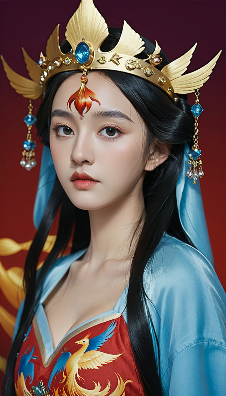 1 female lead, 1 beautiful princess, in the darkness: 1.6), Surrealist Portraits of Women by David Hockney and Alphonse Mucha, Fantasy Art, Korean Doll, Photorealism, Dynamic Lighting, Art Station, poster, Volumetric Lighting, Very detailed faces, 8K Ultra HD, whole body, Awards, in the darkness, Deep Shadows, Low profile, Denim lenses, (Red phoenix dress: 1.4), Long hair, Black Hair, Break, Luxurious Palace, Royal style, Princess Crown, Big, round, black eyes, Royal style, The most beautiful face, Large, regular breasts, Super realistic,