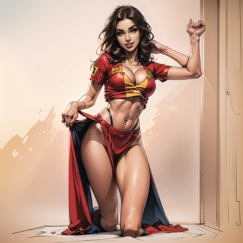 (((((sexy))))), ((ultrahigh resolution, great quality)), (((8k, photo and raw, best quality, masterpiece, hyperrealistic))), incredible, extremely detailed, sharp focus, real person, only one girl, ((1 very girl attractive and beautiful)), (((very detailed face))), ((twenty one years)), ((model body, sexy body, slim body)), (((((sexy spanish woman dressed with the shirt of the Spanish soccer team, the Spanish soccer shirt, cheering from the stands of the Berlin soccer stadium, very sexy Spain shirt, red soccer shirt of the Spanish team, very little makeup, playboy photo style, captivating and tempting, posing smiling, Realistic, sensual look, sexy, Instagram model, Sensual, sexy smile, sensual posing, natural pose, happy and sexy expression, goddess, perfect physical proportions))))), ((beautiful smile, sexy smile)), ((perfect mouth)), ((perfect legs)), navel piercing, (Beautiful face), sinuous look, sexy look, half smile, stitching, smooth skin, ((detailed skin)), cinematic lighting, (((perfect detailed and pretty eyes))), ((Highly detailed body, perfect body measurements)), ((detailed and tempting lips)), ((marking body clothes, Marked breasts, Generous cleavage)), 1 navel, rosy cheeks, ((Juicy and sexy lips, perfect lips)), naughty smile, wild and sexy hair, Full body view, ((masterpiece)), (((best quality))), (((ultra high))), (((hyperrealistic))), (((photorealistic))), Highly detailed CG unit 8k wallpaper, shot style, complex, High detail, Dramatic, Highest Quality Movie Still Image, Masterpiece, Best Quality, Realistic Ultra Detailed Rendering Style, ((Natural Light)), Crisp Characte, DSLR, Fujifilm XT3, intricate details, natural photography, (sketch effect)