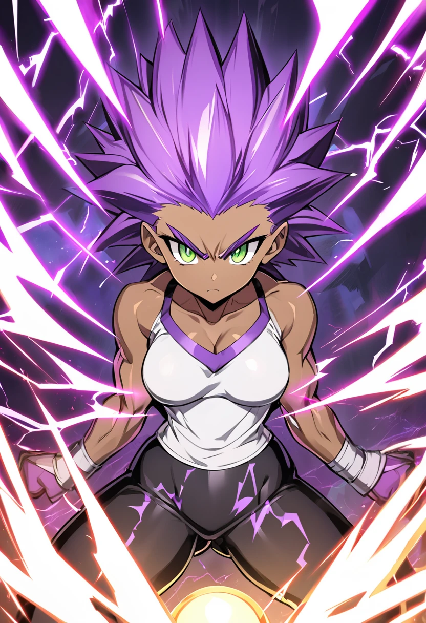 girl, alone, Saiyan, spiky purple hair, green eyes, defined muscles, thin waist, wide hips, dark skin, medium breasts, white t-shirt, black pants, super saiyan, lightning around, purple lightning, purple lightning around, energy around, ki energy, purple energy, god of destruction (super dragon ball style)