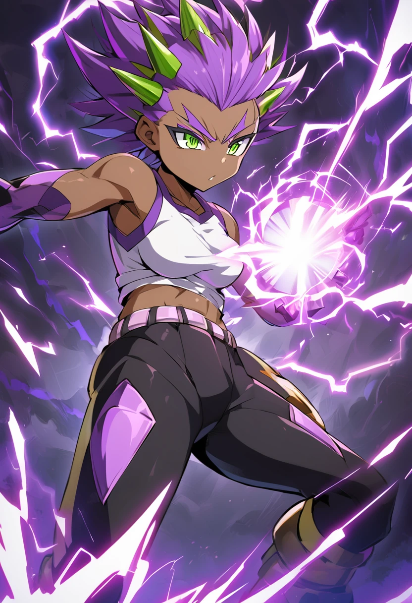 girl, alone, Saiyan, spiky purple hair, green eyes, defined muscles, thin waist, wide hips, dark skin, medium breasts, white t-shirt, black pants, super saiyan, lightning around, purple lightning, purple lightning around, energy around, ki energy, purple energy, god of destruction (super dragon ball style)