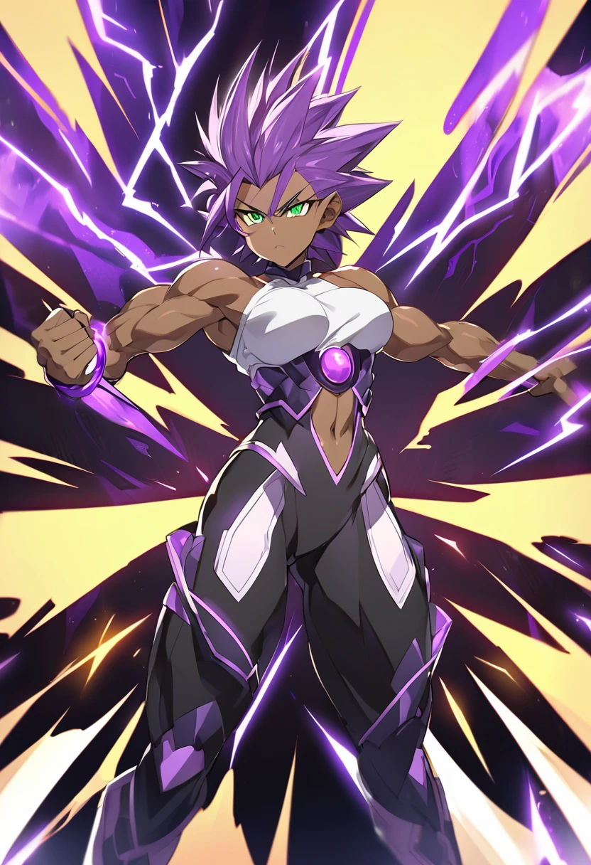 girl, alone, Saiyan, spiky purple hair, green eyes, defined muscles, thin waist, wide hips, dark skin, medium breasts, white t-shirt, black pants, super saiyan, lightning around, purple lightning, purple lightning around, energy around, ki energy, purple energy, god of destruction (super dragon ball style)