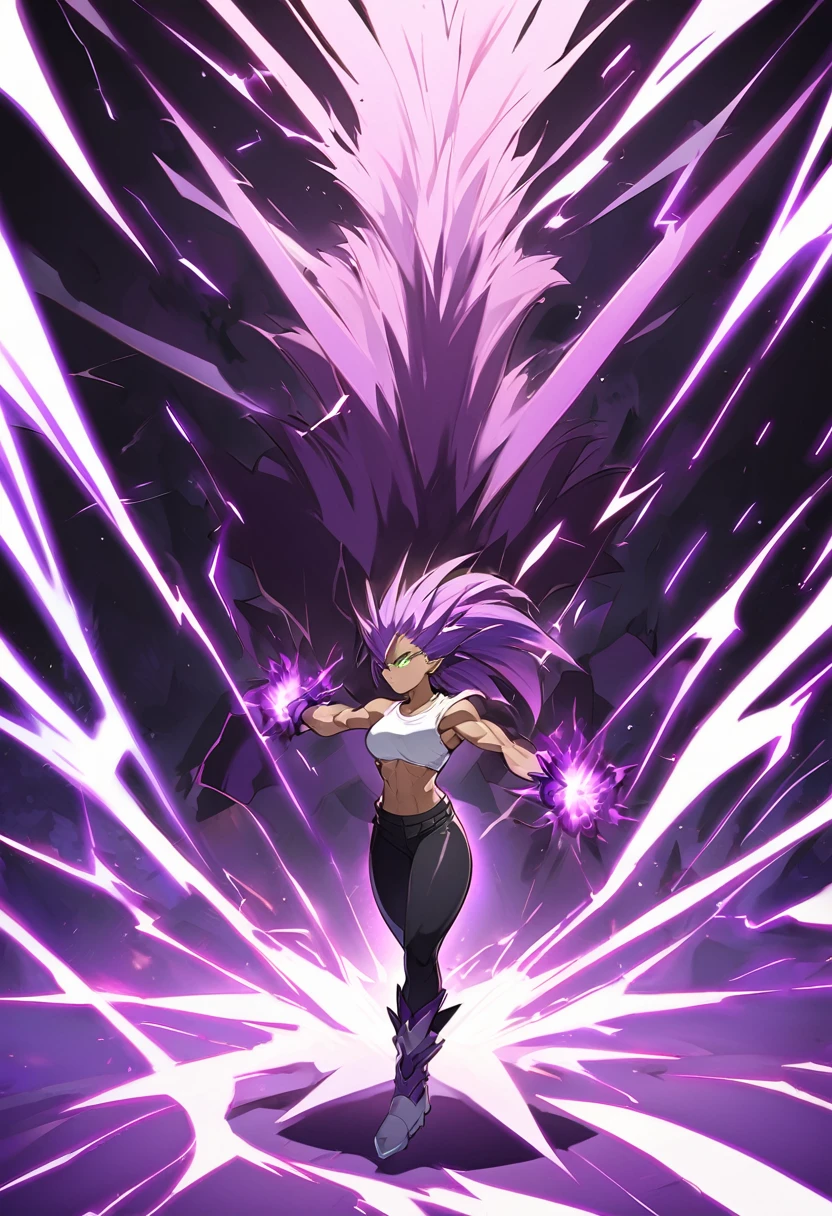 girl, alone, Saiyan, spiky purple hair, green eyes, defined muscles, thin waist, wide hips, dark skin, medium breasts, white t-shirt, black pants, super saiyan, lightning around, purple lightning, purple lightning around, energy around, ki energy, purple energy, god of destruction (super dragon ball style), she is generating enormous purple energy with her two hands to attack her opponent