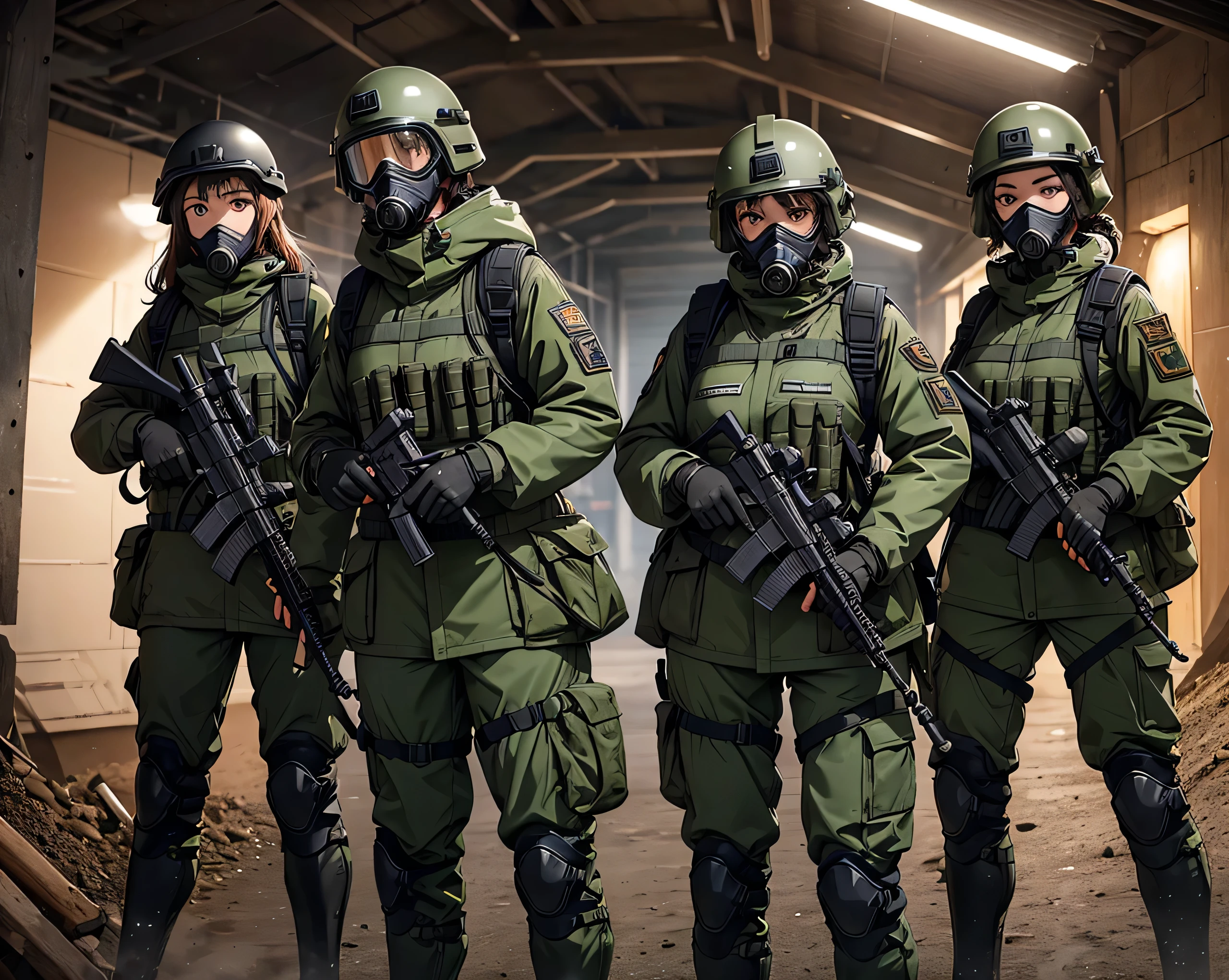 A group of female special forces in an underground mine、Wear a steel helmet、Wearing dark green M-51 military uniform、Gas Mask、Goggles、Bulletproof vests、Knee pads、Write details、masterpiece、best quality、Highly detailed CG、8K picture quality