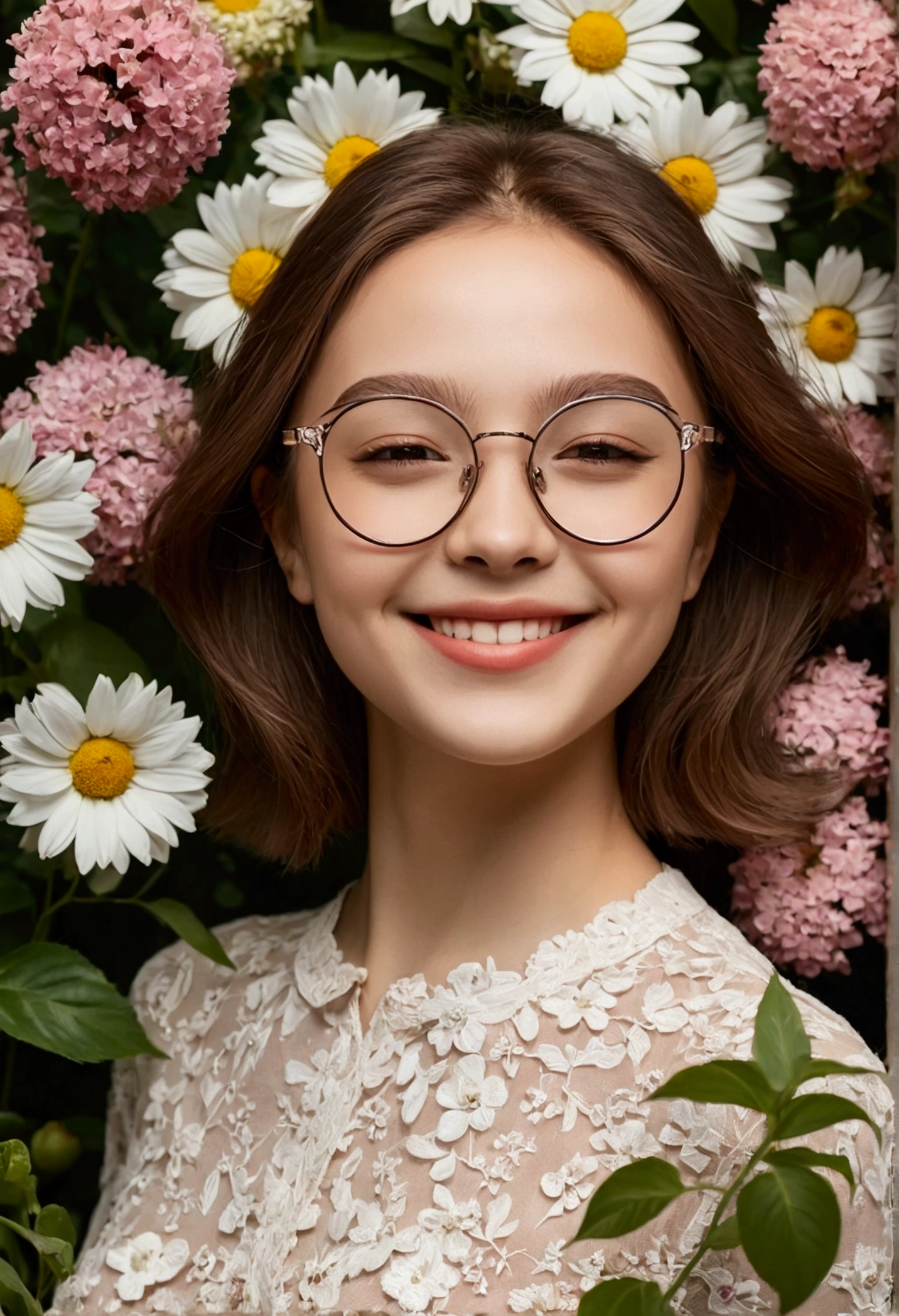 girl with small eyes in glasses shades,smile happily,The back is surrounded by many flowers.