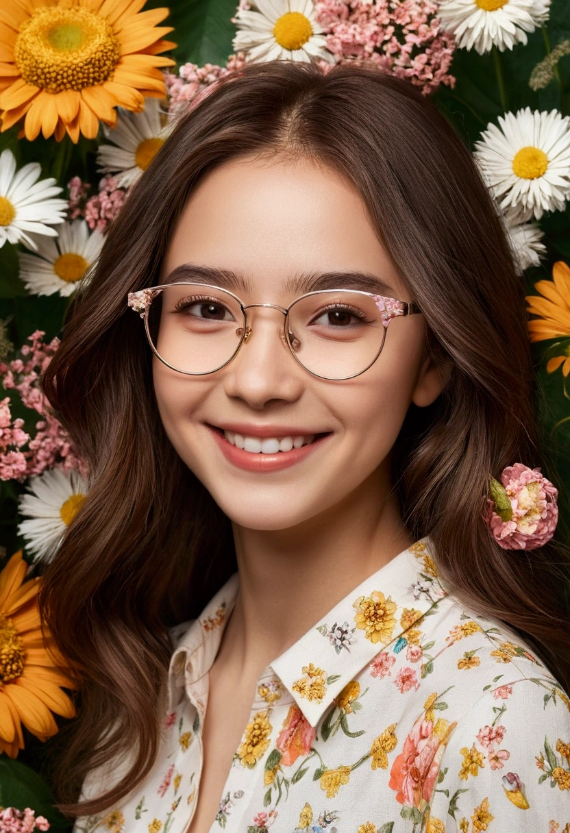 girl with small eyes in glasses shades,smile happily,The back is surrounded by many flowers.