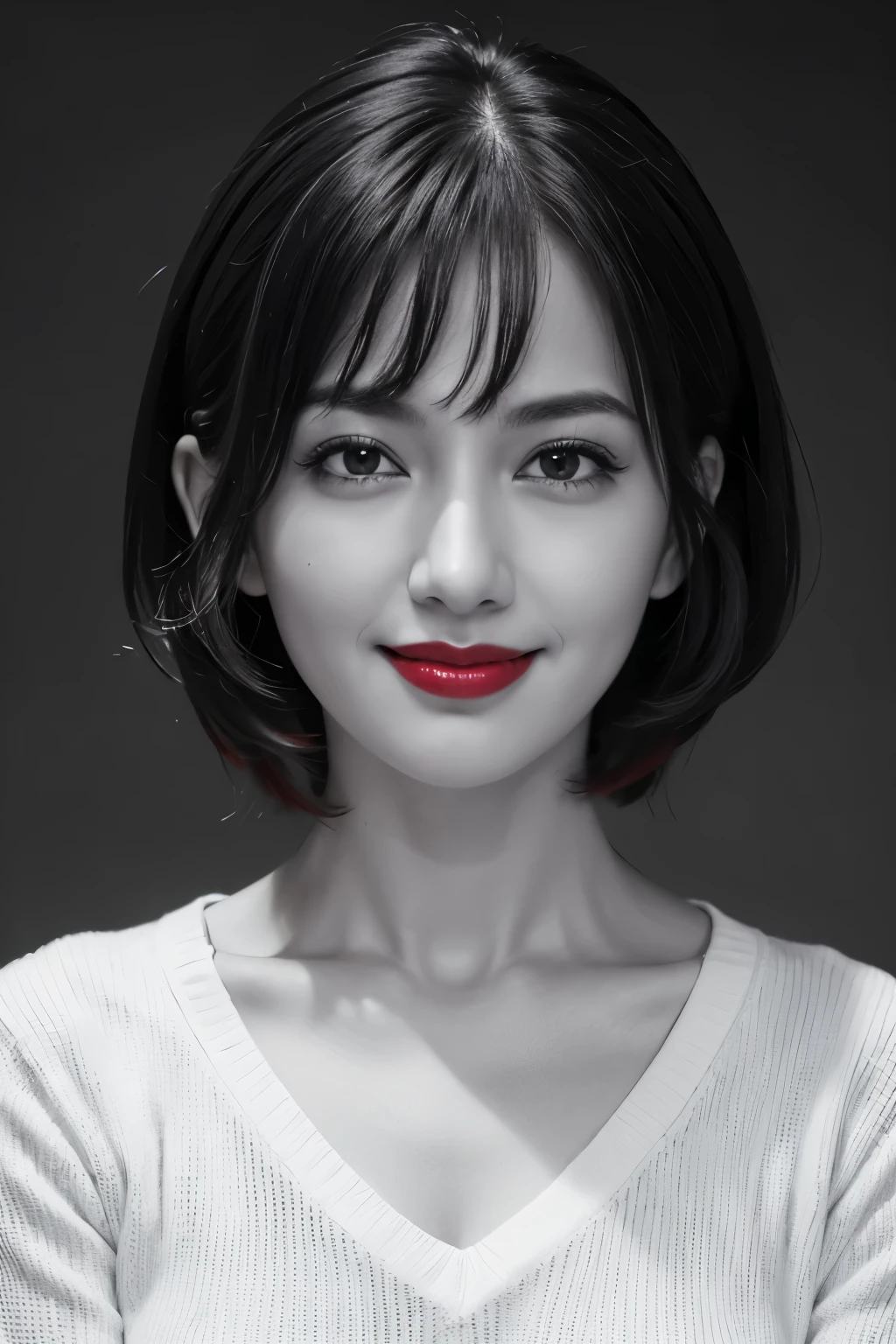 Tabletop, Highest quality, Realistic, Very detailed, finely, High resolution, 8k wallpaper, RAW Photos, Professional, High level of detail, 1 girl, ((((Black and white photography)))), (((Red lips))), ((Looking into the camera)), (((A slight smile))), Upper Body, short hair, Bob Hair, (Straight hair), Shapely breasts, Cleavage, V-neck light knit sweater