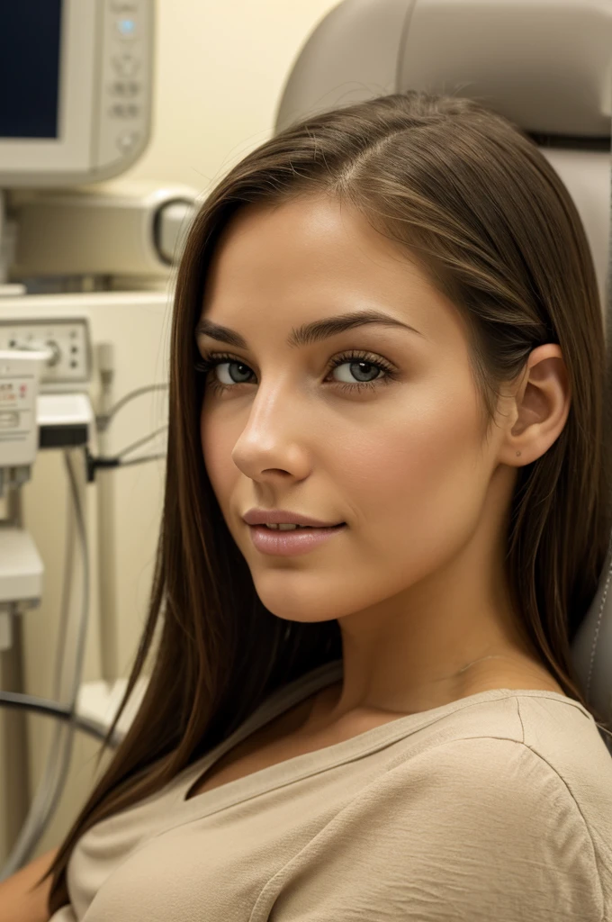 20 year old female, mid length brunette hair, sitting in dentist chair, getting tooth cleaning, (best quality,4k,8k,highres,masterpiece:1.2),ultra-detailed,(realistic,photorealistic,photo-realistic:1.37),extremely detailed face and eyes,beautiful detailed lips,long eyelashes,intricate details,dental equipment,dental office interior,clean clinical setting,warm lighting,calming atmosphere