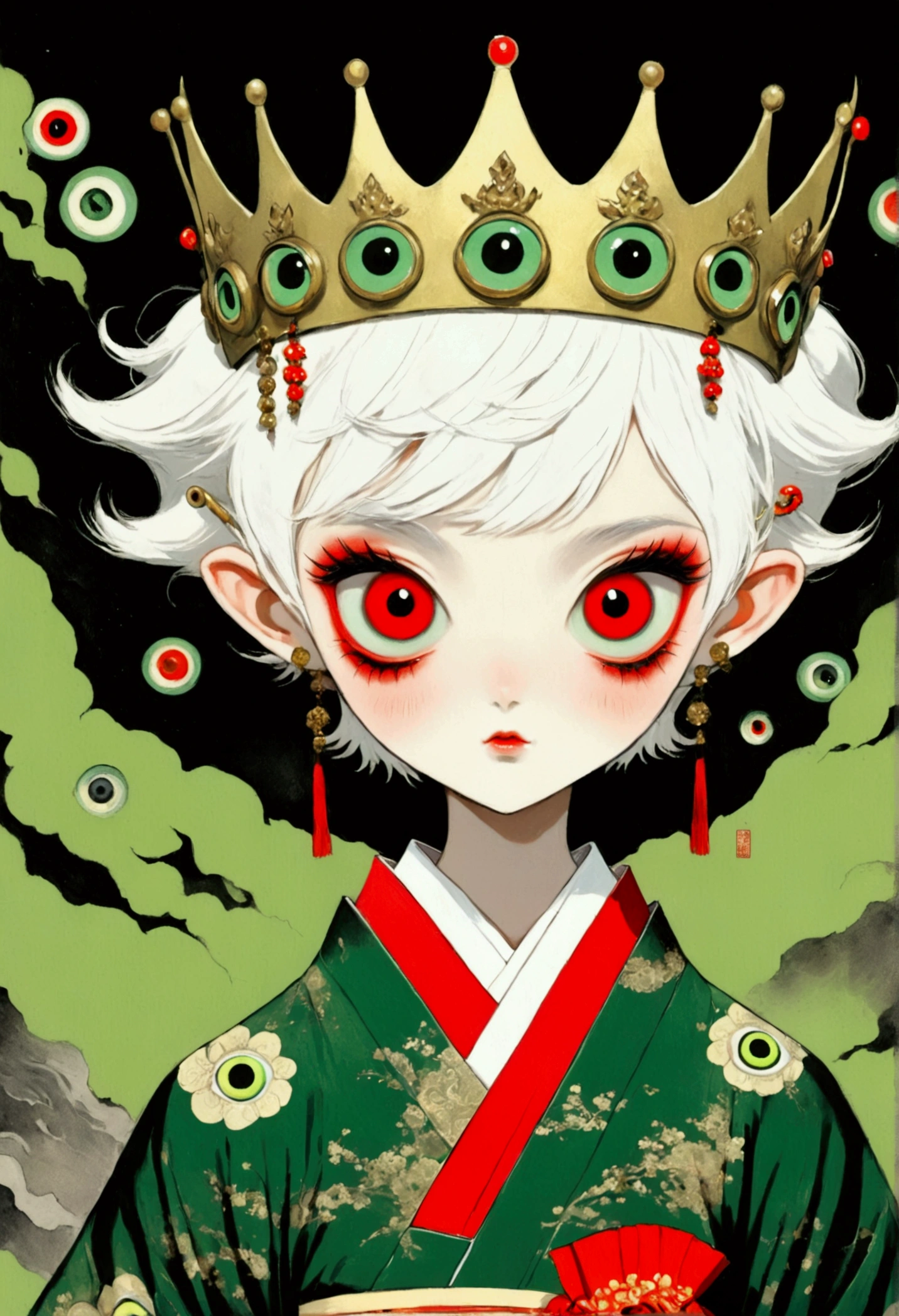 Japanese Anime，Second Dimension，Horror style，horror character，(((Three-eyed boy，third eye on the forehead:1.1.Dark eyeshadow，White short hair，Elf ears，Exaggerated golden crown-eyeball decoration))),(((Gorgeous Japanese red kimono，Eye pattern，Dark Pattern))).(((Thin waist，Green belt：1.6))).(((Katana in hand)))，(style of santiago caruso,Tattoo on the neck)，Black background blur
