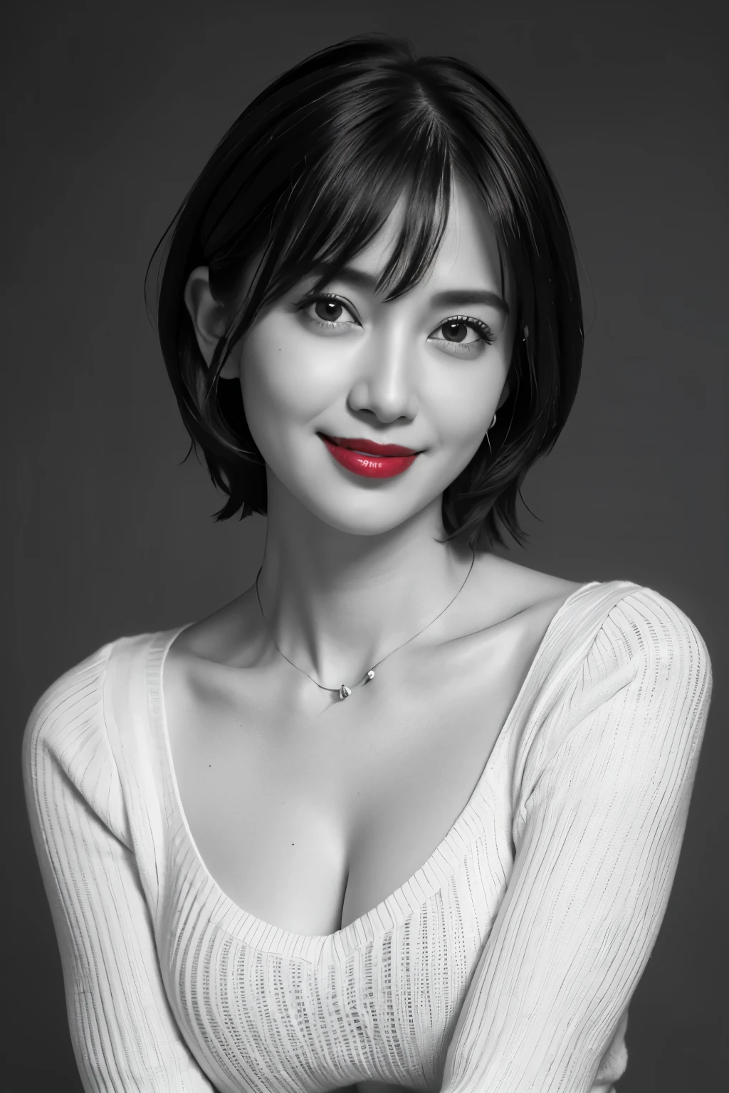Tabletop, Highest quality, Realistic, Very detailed, finely, High resolution, 8k wallpaper, RAW Photos, Professional, High level of detail, 1 girl, ((((Black and white photography)))), (((Red lips))), ((Looking into the camera)), (((A slight smile))), Upper Body, short hair, Bob Hair, (Straight hair), Shapely breasts, Cleavage, V-neck light knit sweater