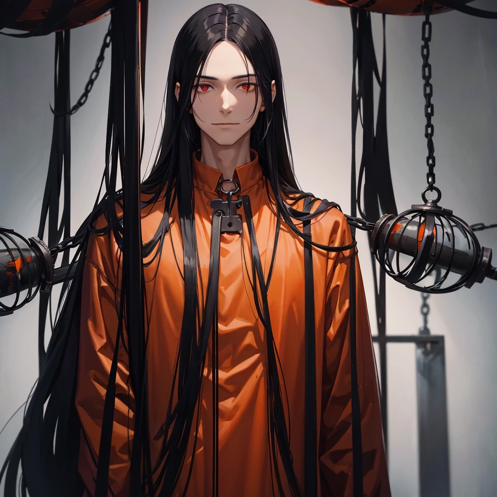 a man，black long straight hair，dark red eyes，Slender and tall，prisoner，Strong build，looking into camera，（Orange prison uniform，Cross your arms，Smile，cell），portrait，dramatic shadows，prisoner，chained, cage